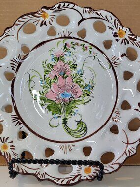 Vintage Vestal Alcobaca Portugal Reticulated Plate Hand Painted Floral 7.5”